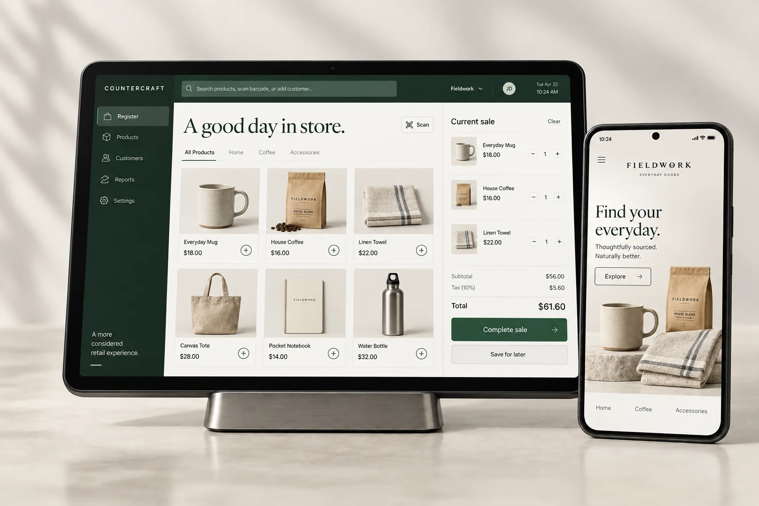 Illustrative Countercraft point of sale tablet beside a branded merchant website on a phone